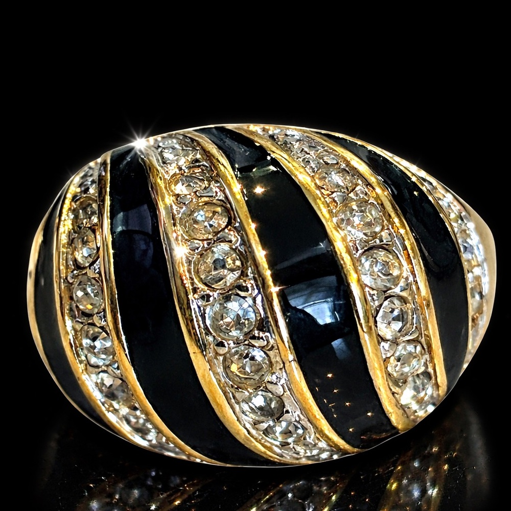 Gold black enamel swirl crystal cz dome cocktail statement ladies, jewelry ring - Picture 2 of 2